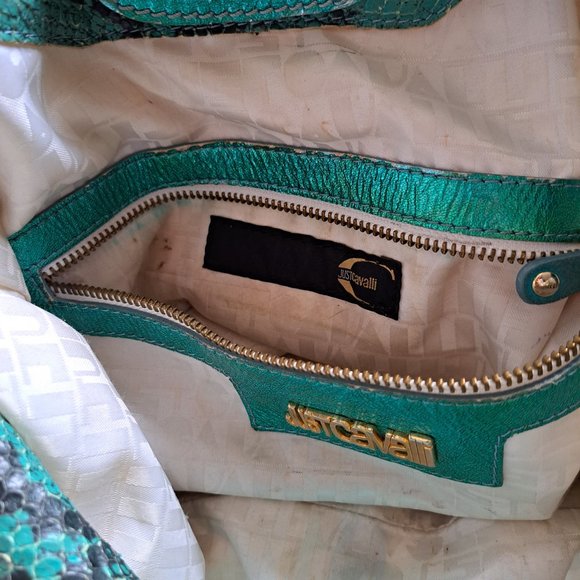 Just Cavalli Women's Python Snake Leather Green/Blue Shoulder Bag - Picture 15 of 16